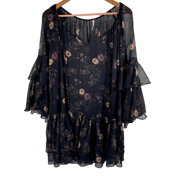 Free People Tops - Free People Black Floral Semi Sheer Tunic Ruffle Blouse Size Small EUC